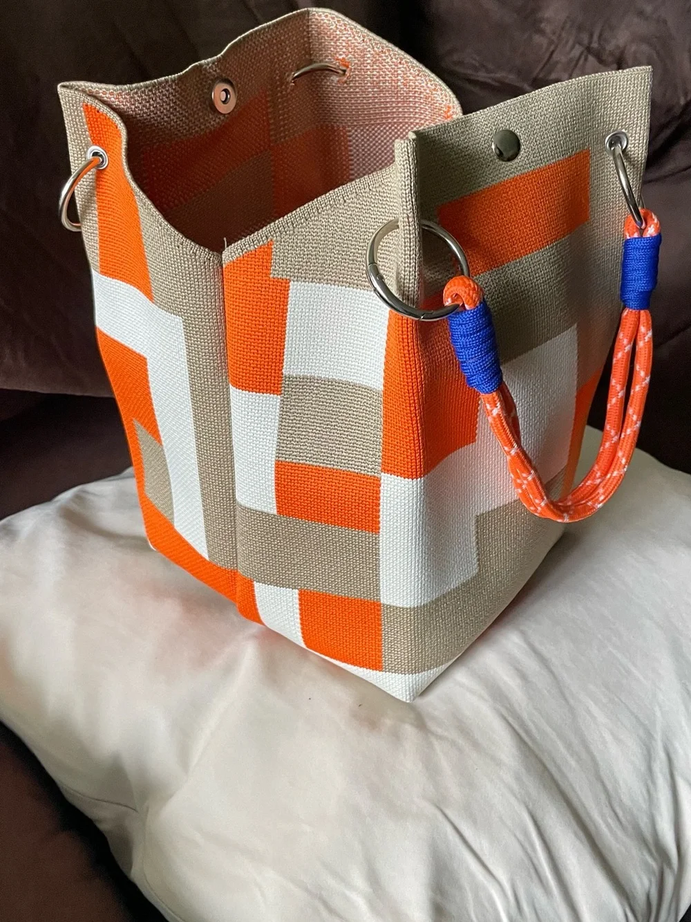 Canvas Tote Bag in Orange, White & Tan